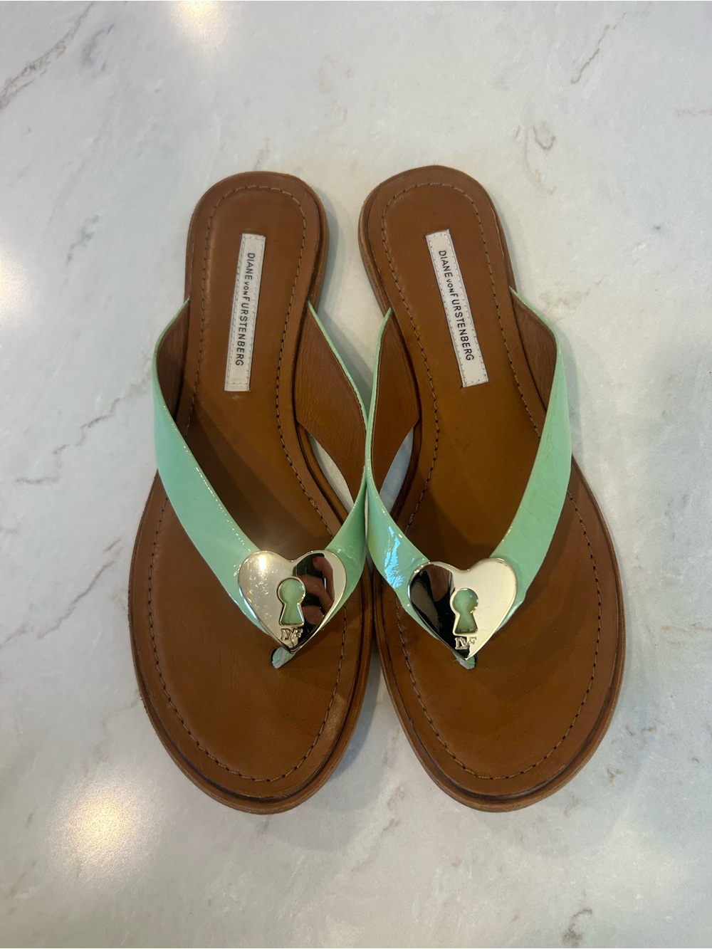 Diane Von Furstenberg Mint Patent Leather Thong Sandals with Heart Accent - Picture 3 of 10